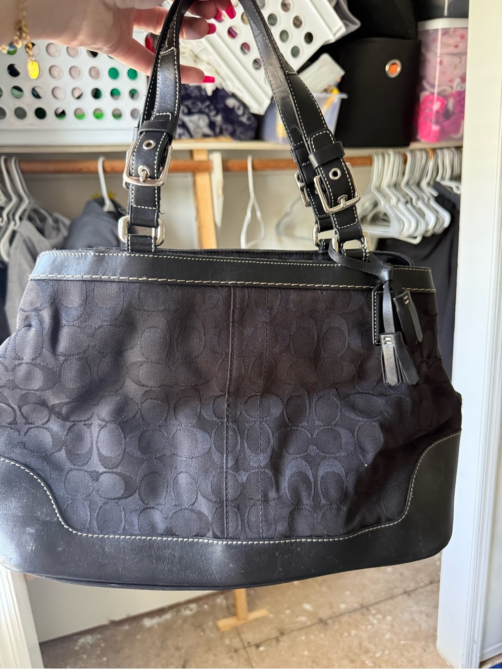Vintage Coach Hamptons Black Signature Jacquard Hobo Shoulder Bag